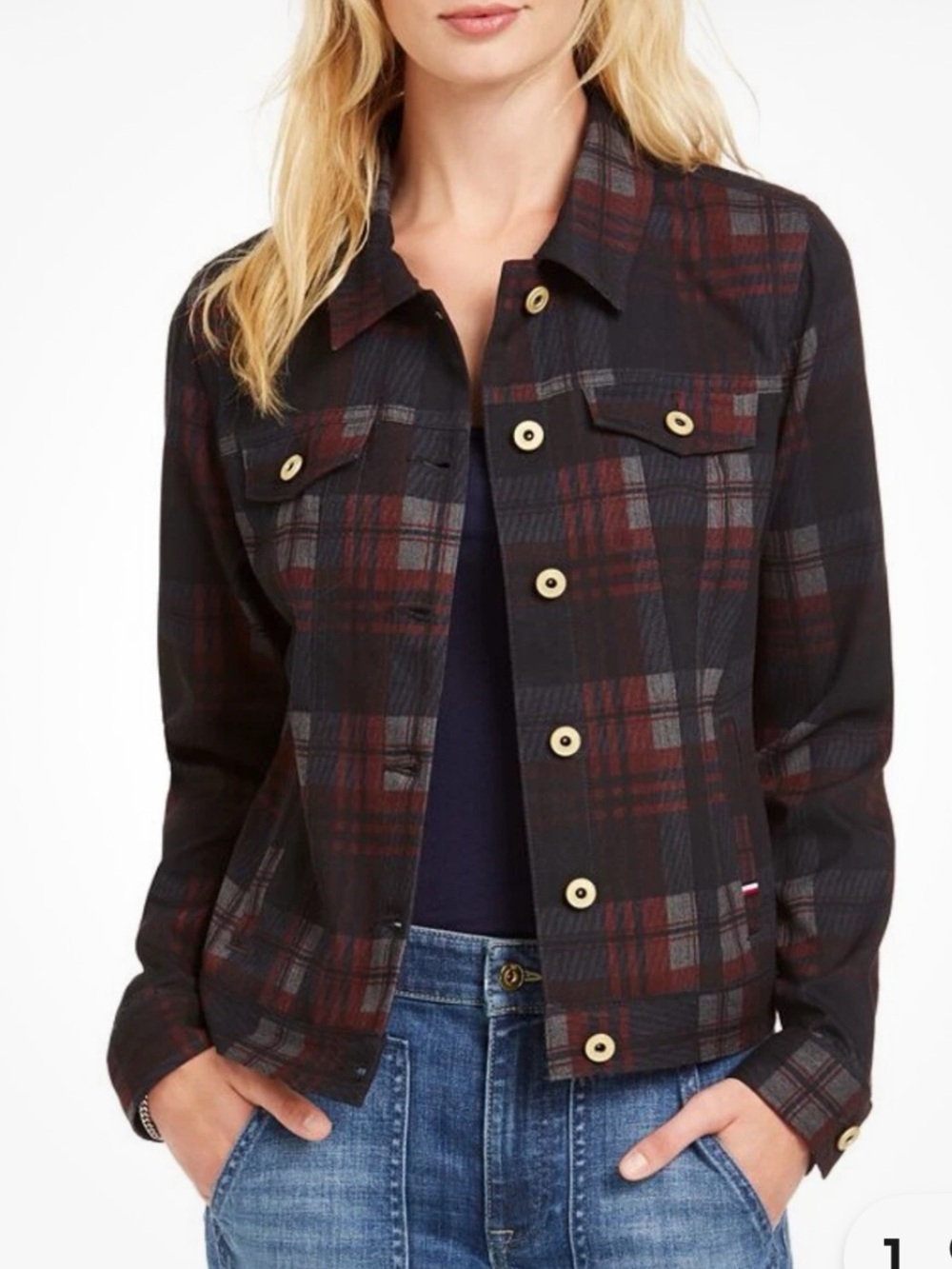 NWOT Tommy Hilfiger Black/Gray/Red Plaid Button-Front “Jean Style” Jacket
